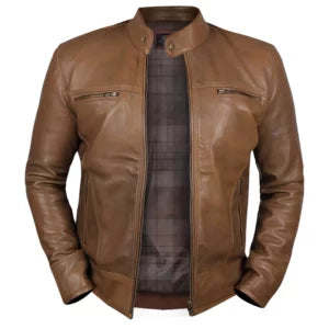 Men’s Camel Dodge Biker Jacket — Real Leather with Notch Collar