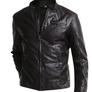 Men’s Mark Black Leather Racer Jacket — Real Leather with Straight Collar