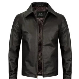 Men’s Turn Down Slimfit Black Leather Jacket — 100% Real Leather with Shirt Collar