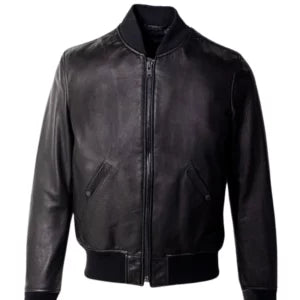 Men’s Casual Black Bomber Jacket — Real Leather with Rib-Knitted Collar