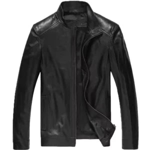 Men’s Fashion Leather Motorcycle Jacket — Real Leather with Straight Collar