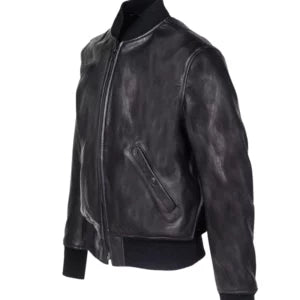 Men’s Casual Black Bomber Jacket — Real Leather with Rib-Knitted Collar