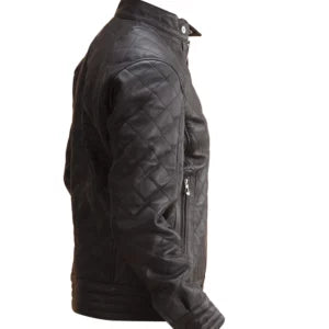 Men’s Black Quilted Leather Jacket — 100% Real Leather with Notch Collar