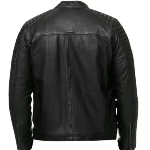 Men’s Quilted Biker Black Leather Jacket — Real Leather with Straight Collar