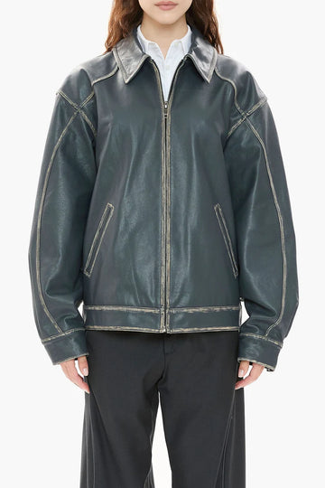 Leather Tall Boy Jacket – Oversized Unisex Steel Blue