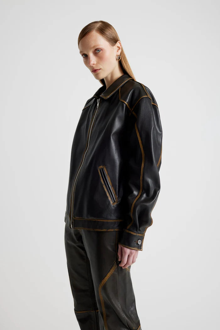 Leather Tall Boy Jacket – Olive Oversized Unisex Italian Leather