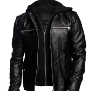 Men’s Black Detachable Hooded Leather Jacket — Real Leather with Soft Viscose Lining
