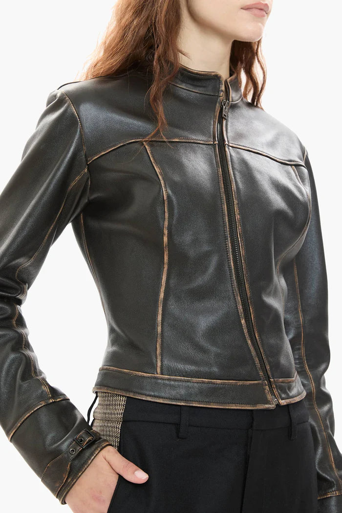 Ventura Lambskin Moto Jacket – Curved Zipper & Buckle Detail