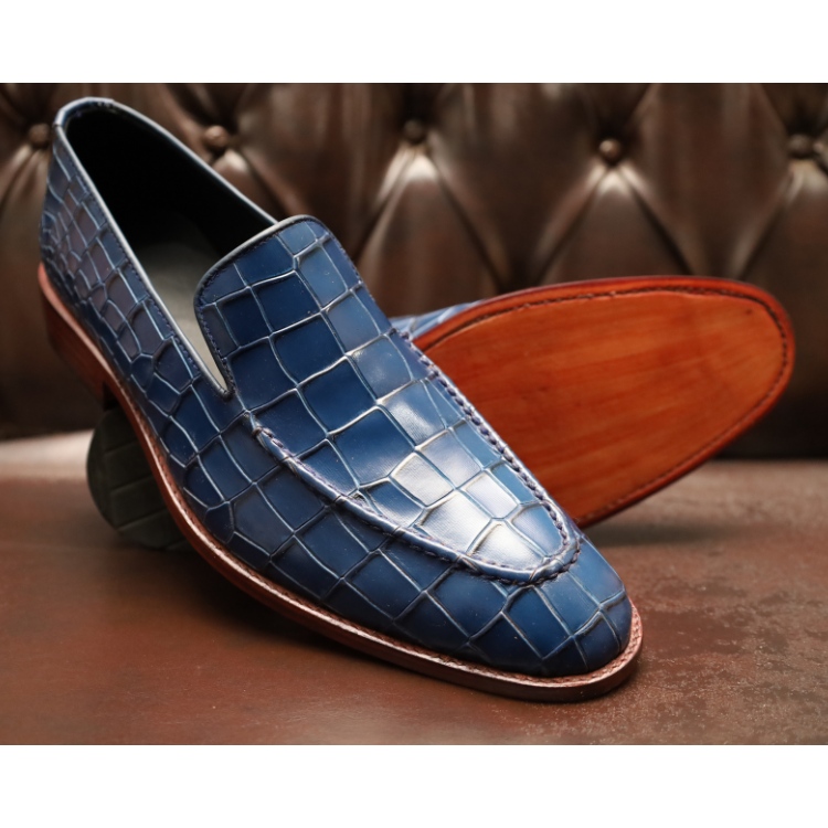 Men's Blue Crocodile-Embossed Leather Loafers
