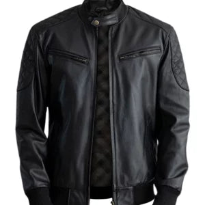 Men’s Casual Black Leather Bomber Jacket — 100% Real Leather with Straight Collar