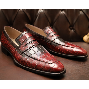 Men's Burgundy Crocodile-Embossed Leather Loafers