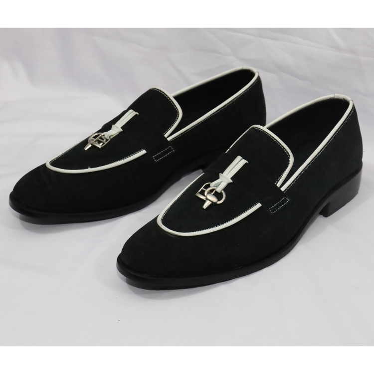 Black Suede Loafers with White Trim & Metal Bit