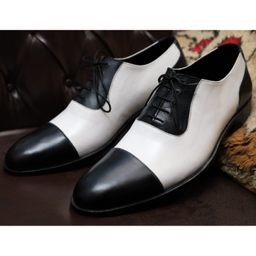 Men's Black and White Leather Cap Toe Oxford Shoes