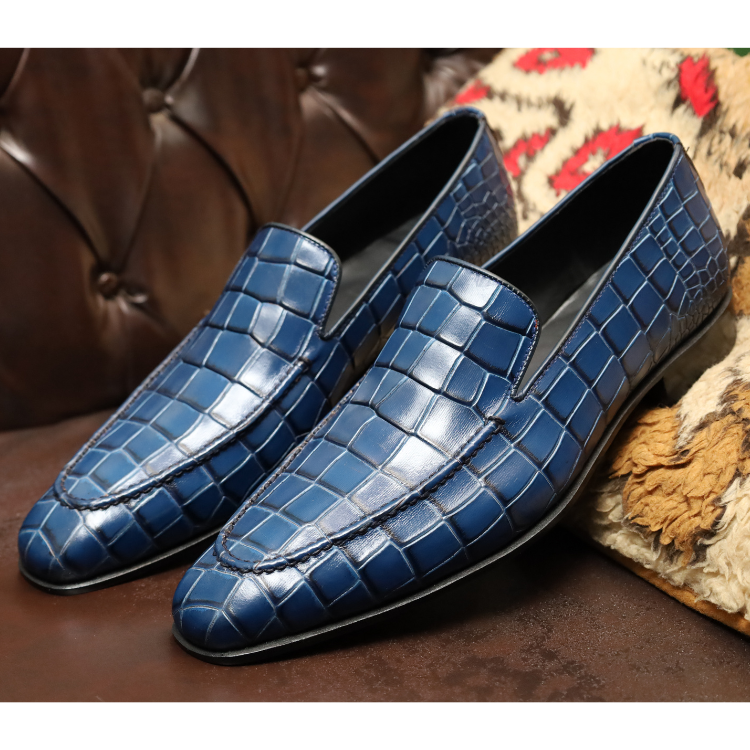 Men's Blue Crocodile-Embossed Leather Loafers