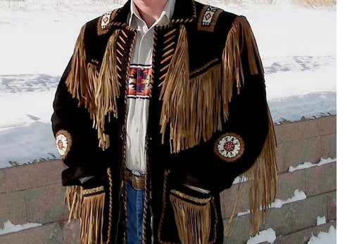 Men’s Traditional Native Black & Brown Suede Leather Jacket with Braided Fringes | Western Cowboy Red Indian Style