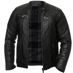 Men’s Quilted Biker Black Leather Jacket — Real Leather with Straight Collar