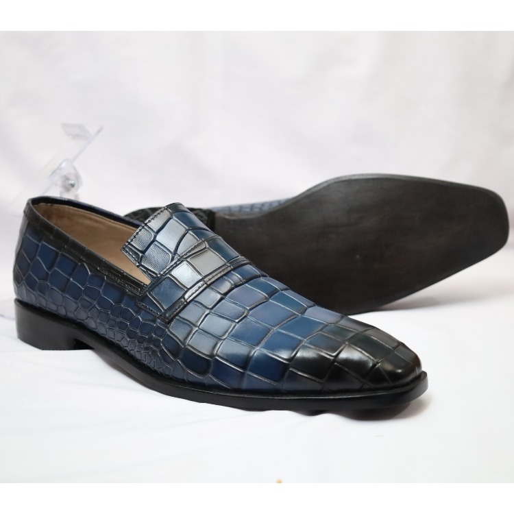 Midnight Blue Crocodile-Embossed Penny Loafers