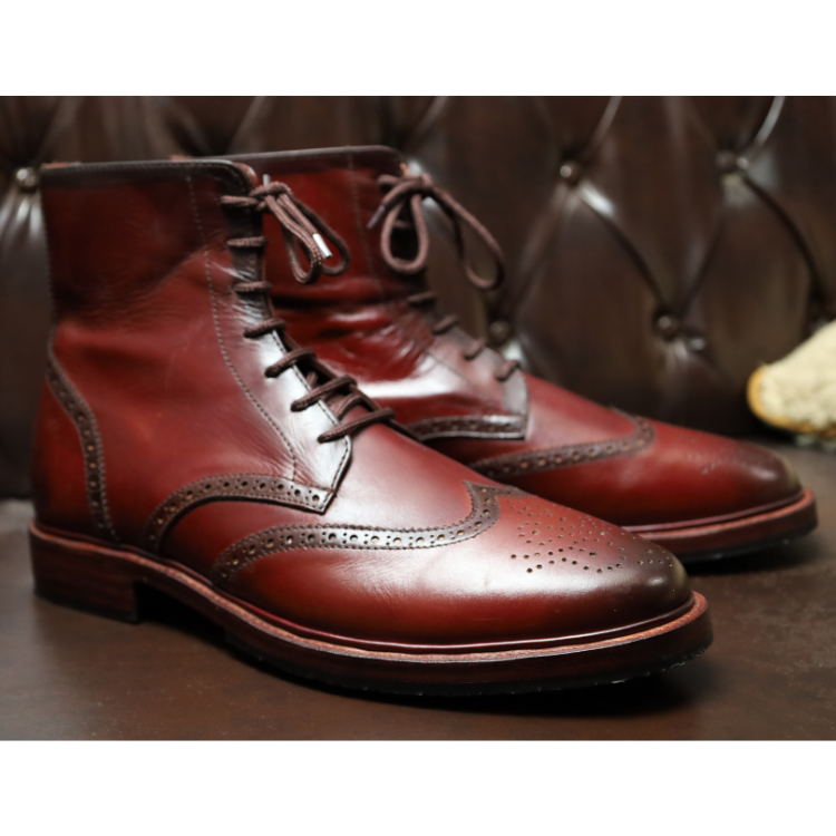 Men's Burgundy Leather Brogue Boots