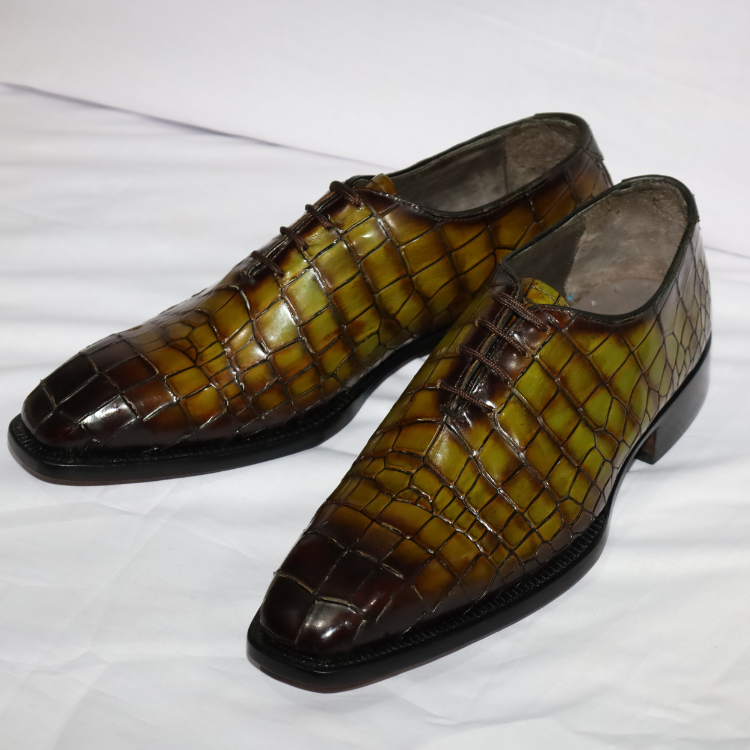 Exotic Green Patina Croc-Embossed Oxford Shoes