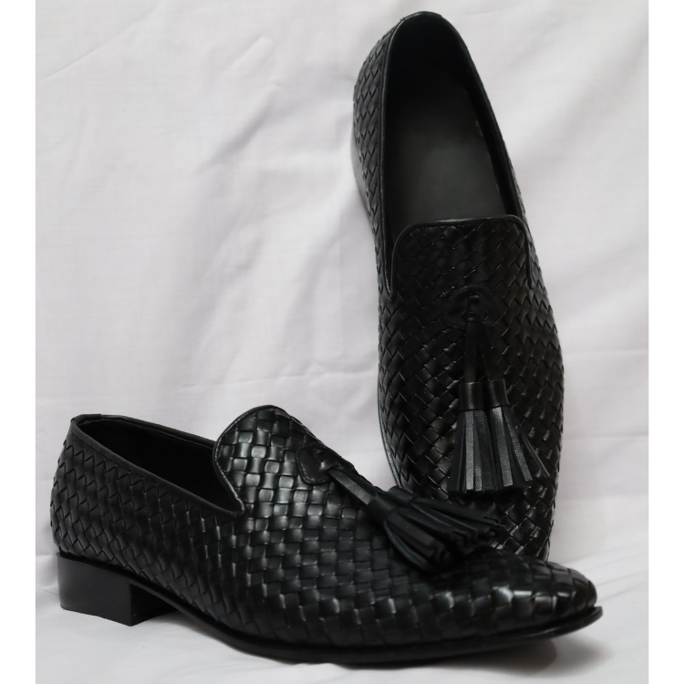 Black Woven Leather Tassel Loafers
