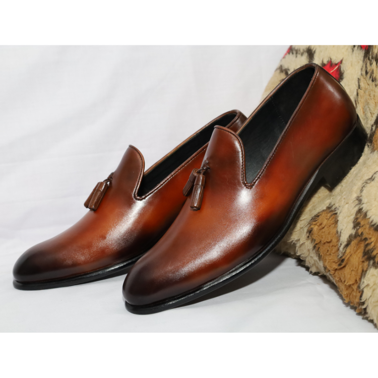 Hand-Painted Brown Leather Tassel Loafers