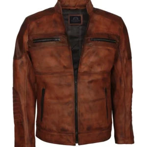 Men’s Brown Café Racer Leather Motorcycle Jacket — Real Leather with Straight Collar