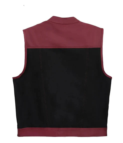 Handmade Leather & Denim Oxblood Biker Vest | Motorcycle Rally Rider MC Club Men’s Vest
