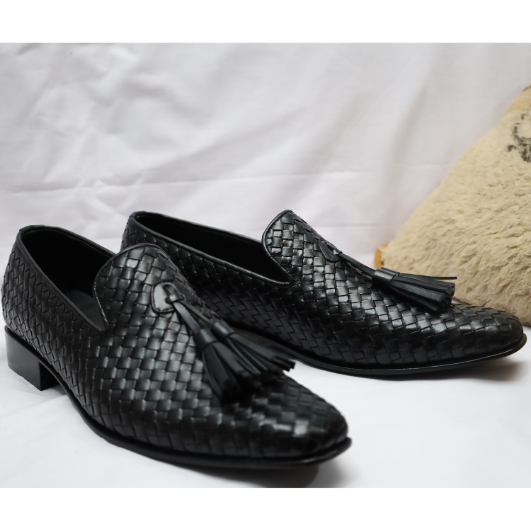 Black Woven Leather Tassel Loafers