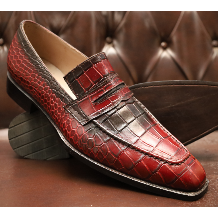 Men's Burgundy Crocodile-Embossed Leather Loafers