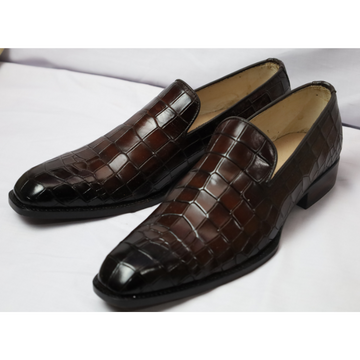 Dark Brown Crocodile Embossed Leather Loafers