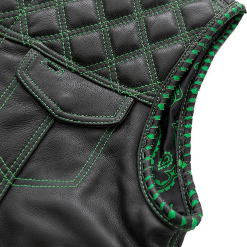 Men’s Hunt Club Green Diamond Quilted Black Paisley Leather Biker Vest | Motorcycle Riding Denim Style Vest