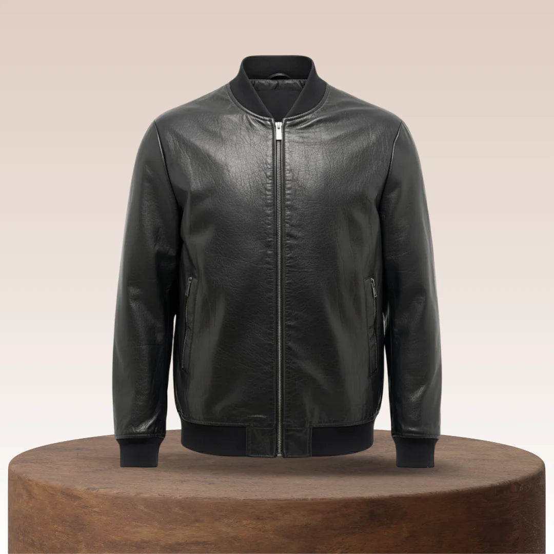 Men’s Raymund Zip-Up Black Bomber Jacket — Genuine Cowhide Leather