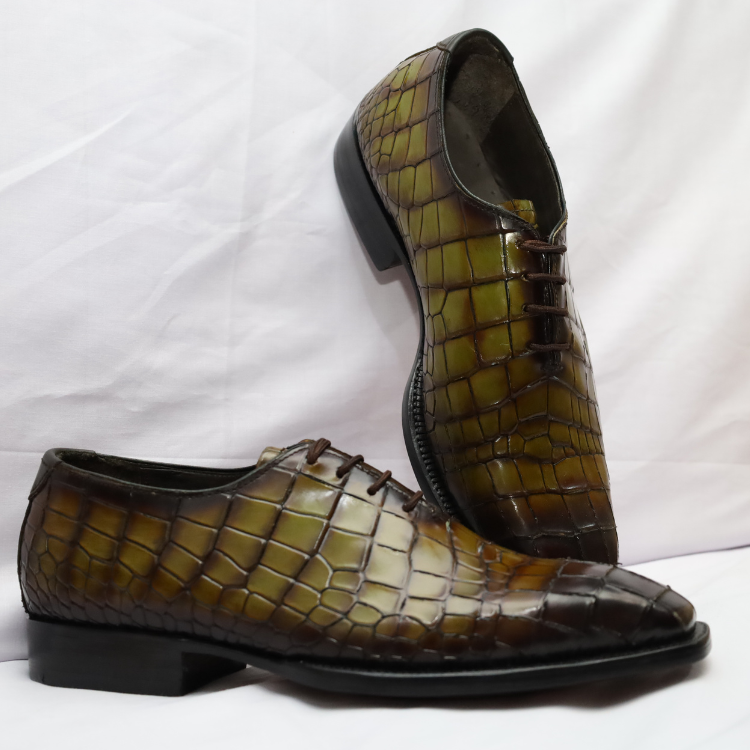 Exotic Green Patina Croc-Embossed Oxford Shoes