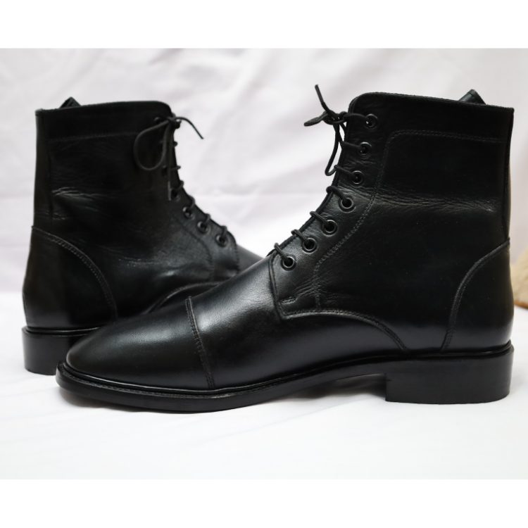 Black Leather Cap-Toe Lace-Up Boots