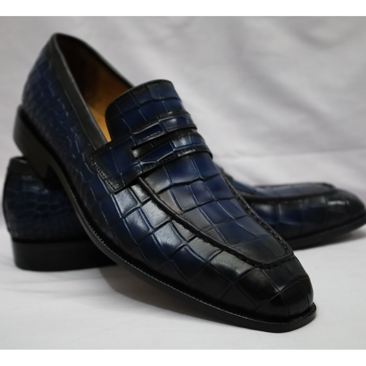 Men’s Blue Croc-Embossed Leather Loafers