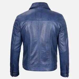 Men’s Blue Leather Trucker Jacket — Real Lambskin with Shirt Collar