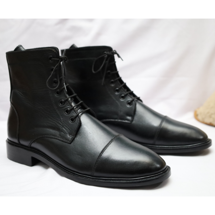 Black Leather Cap-Toe Lace-Up Boots