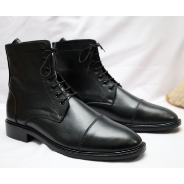 Black Leather Cap-Toe Lace-Up Boots