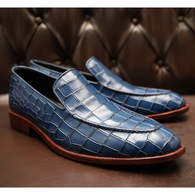 Men's Blue Crocodile-Embossed Leather Loafers