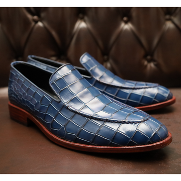Men's Blue Crocodile-Embossed Leather Loafers