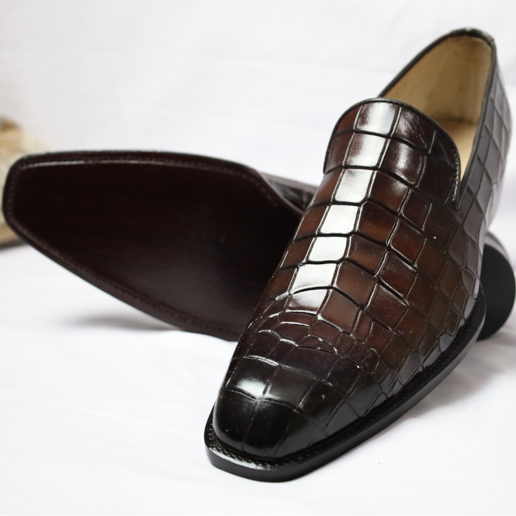Dark Brown Crocodile Embossed Leather Loafers