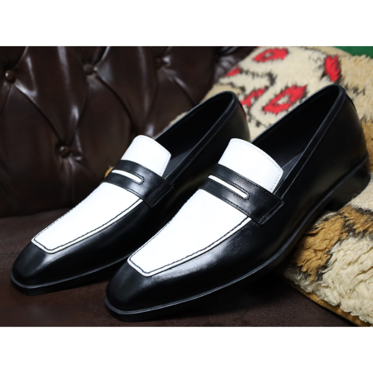 Men's Black and White Leather Slip-On Loafers