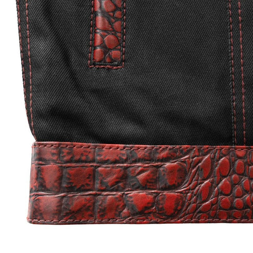 Men’s Crocodile Plated Red Wax Leather Biker Vest | Black Denim Motorcycle Vest