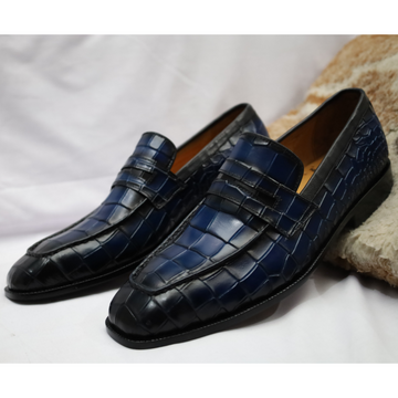 Men’s Blue Croc-Embossed Leather Loafers