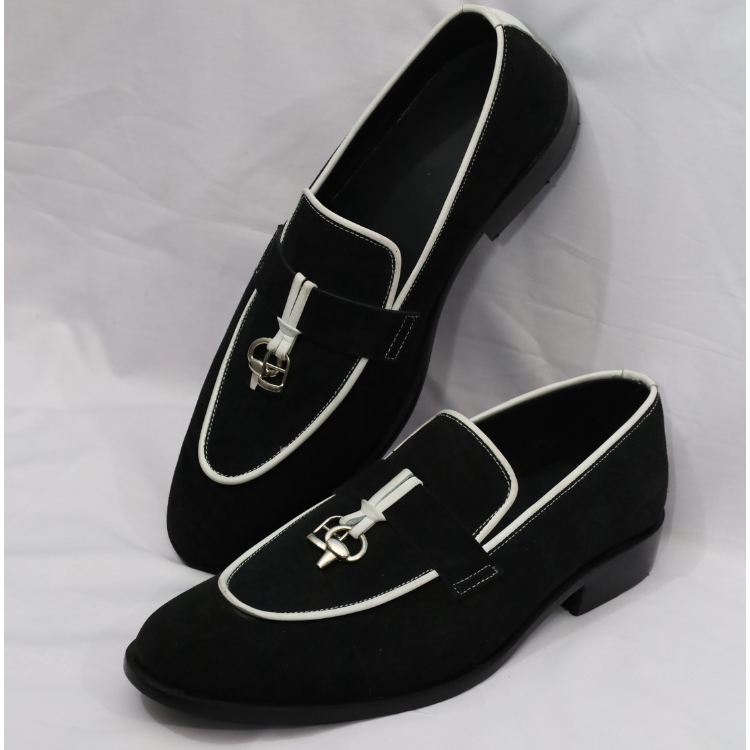 Black Suede Loafers with White Trim & Metal Bit