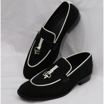 Black Suede Loafers with White Trim & Metal Bit