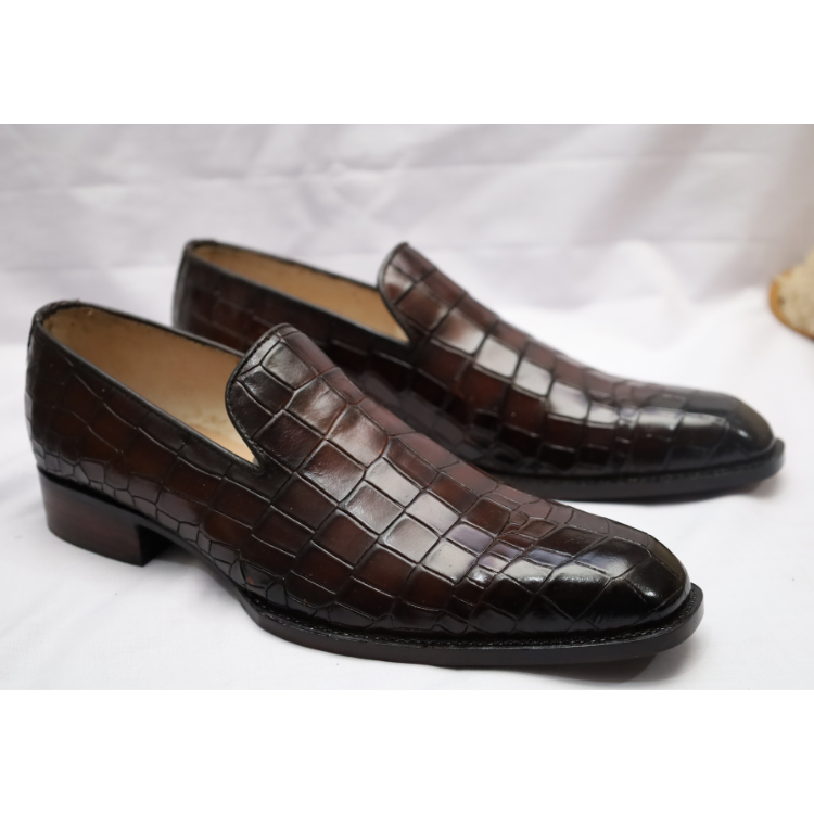 Dark Brown Crocodile-Embossed Leather Loafers