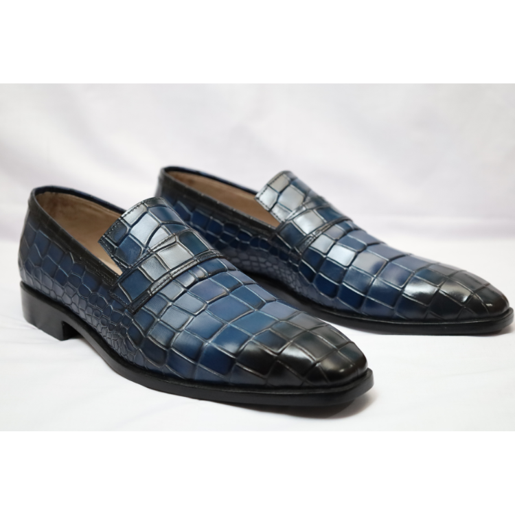 Midnight Blue Crocodile-Embossed Penny Loafers