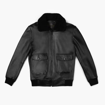 Men’s Black Lambskin Leather Flight Jacket – Shearling Collar & Handcrafted