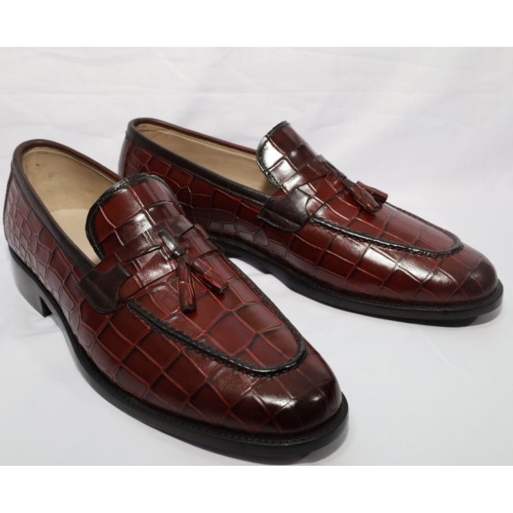 Men’s Burgundy Croc-Embossed Tassel Loafers